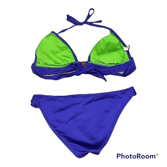 Becca 2pc Swimsuit Top D Bottom Lg Purple Green Beaded Nylon Spandex Preloved - Picture 2 of 8